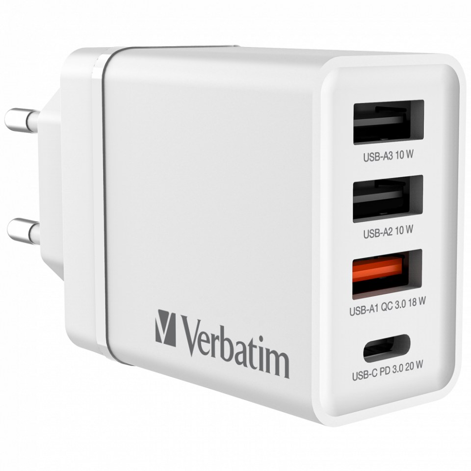 Verbatim 30W 4 Bağlantılı Usb Şarj Cihazı Beyaz 1x Usb-C® PD 20W / 1 x Usb-A QC 3.0 / 2 x Usb-A 10W (AB)-(49701)
