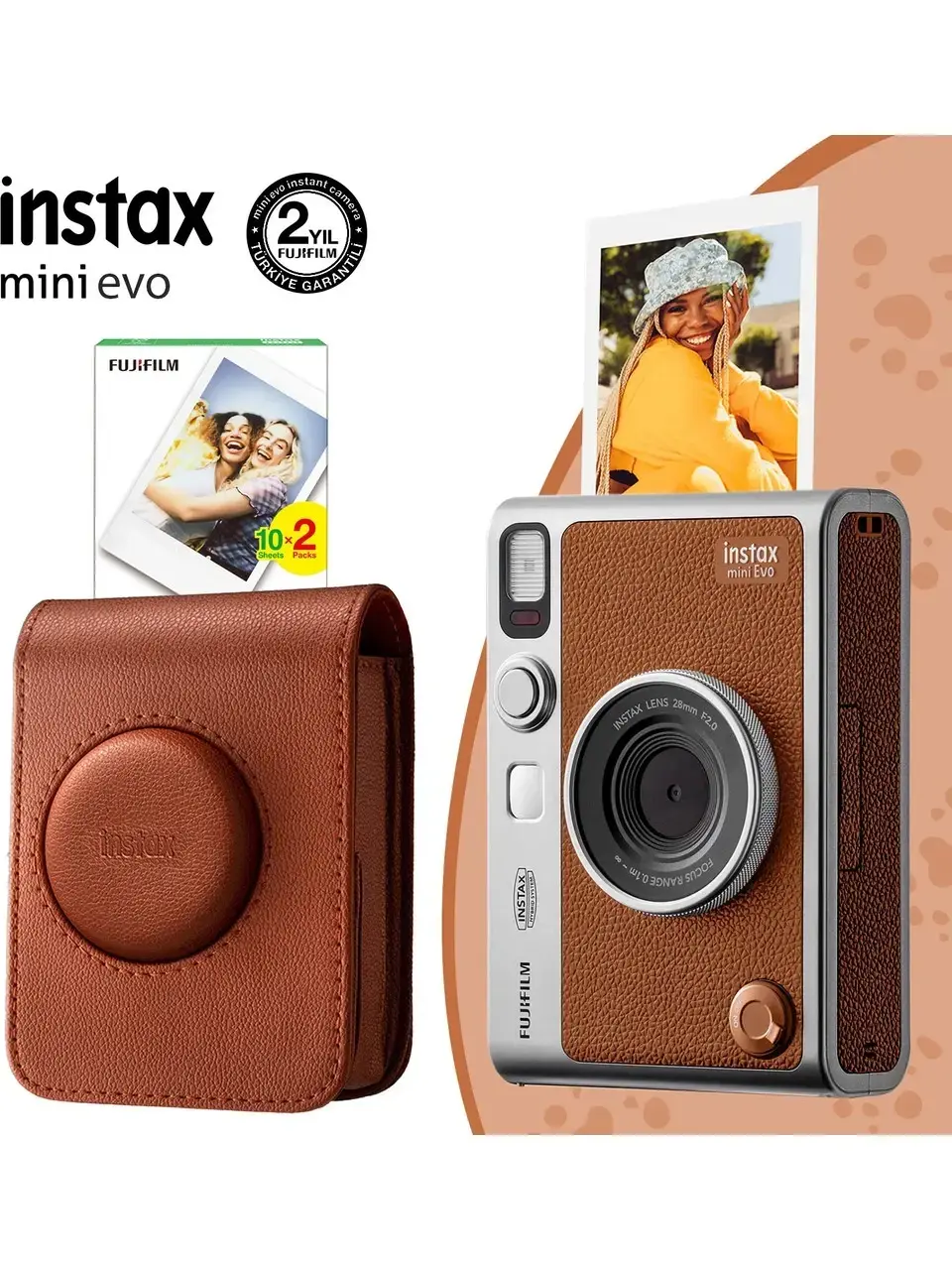 Instax Mini Evo Fotoğraf Makinesi Kahverengi + 20'li Film ve Çanta Set