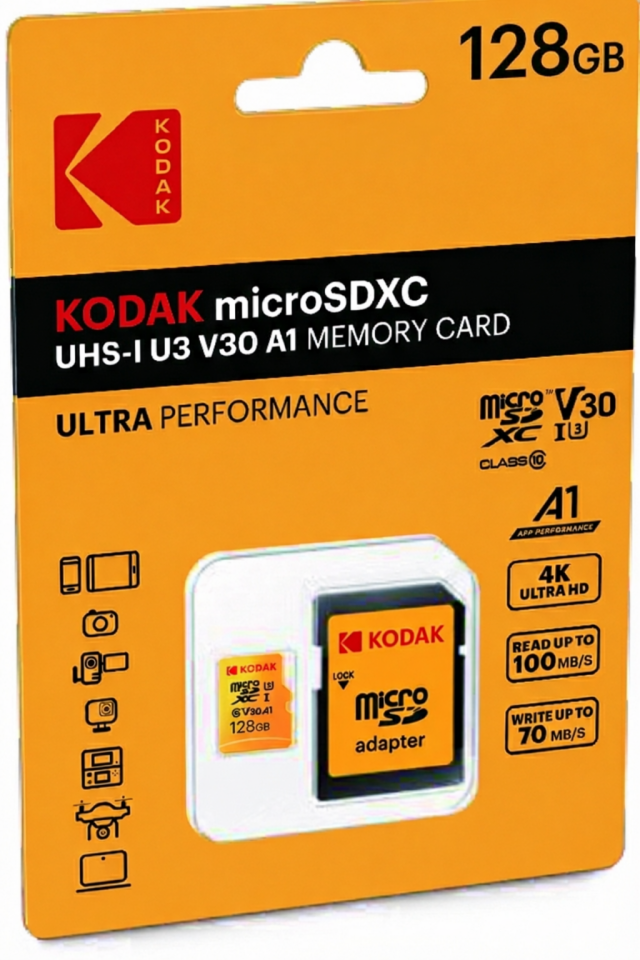 Kodak 128GB Micro SD UHS-I U3/V30/A1 Yellow Kart + Adaptör