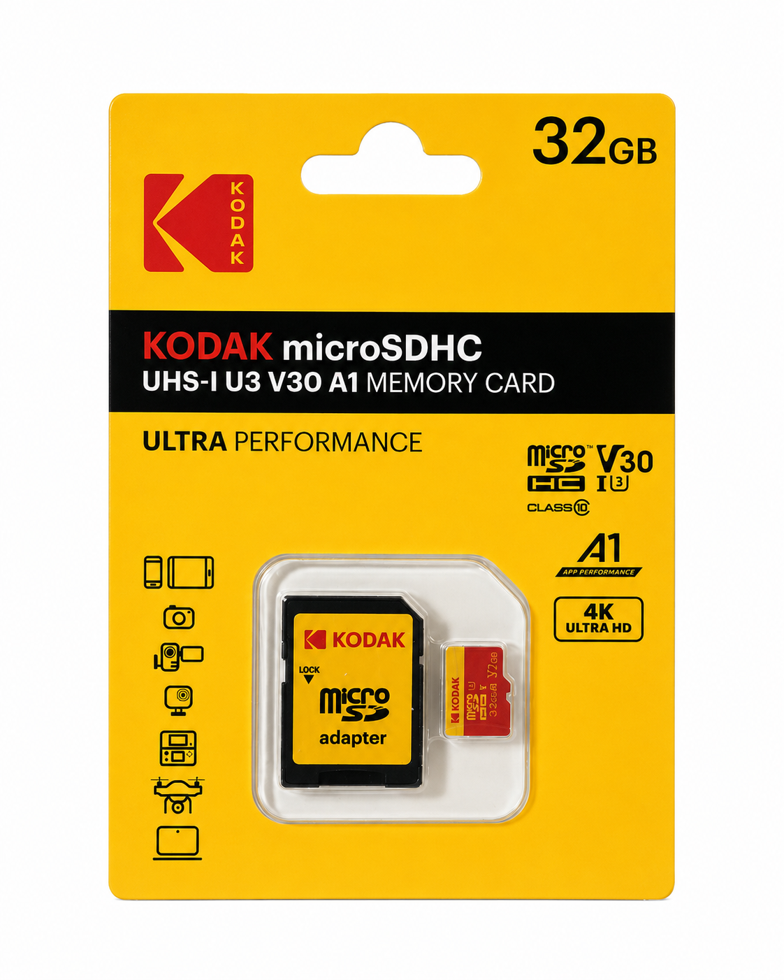 Kodak 32GB Micro SD UHS-I U3/V30/A1 Hafıza Kartı + Adaptör (Kırmızı)