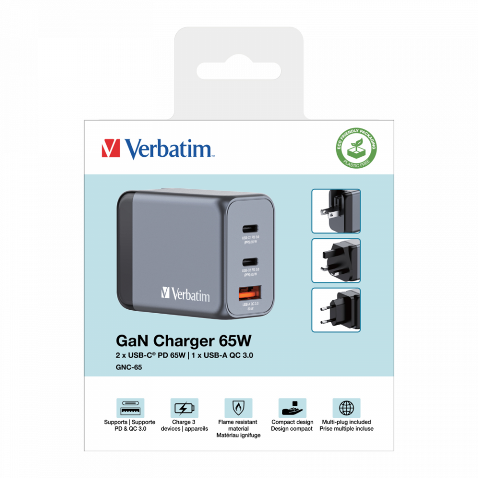 Verbatim 65W GAN Hızlı Şarj 2-Bağlantı Noktalı 2 x Usb-C® PD 65W / 1 x Usb-A QC 3.0-(32201)