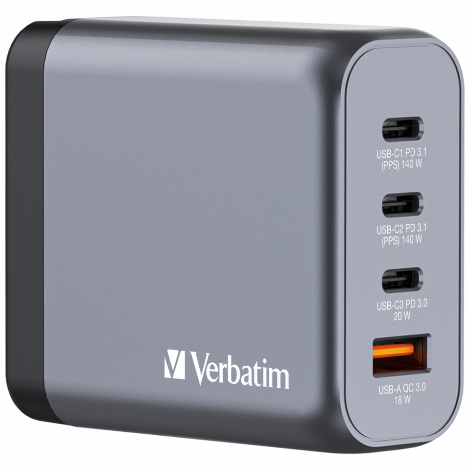 Verbatim 140W GAN Hızlı Şarj 4-Bağlantı Noktalı 2 x Usb-C PD 140W / 1 x USB-C PD 20W / 1 x USB-A QC 3.0-(32203)