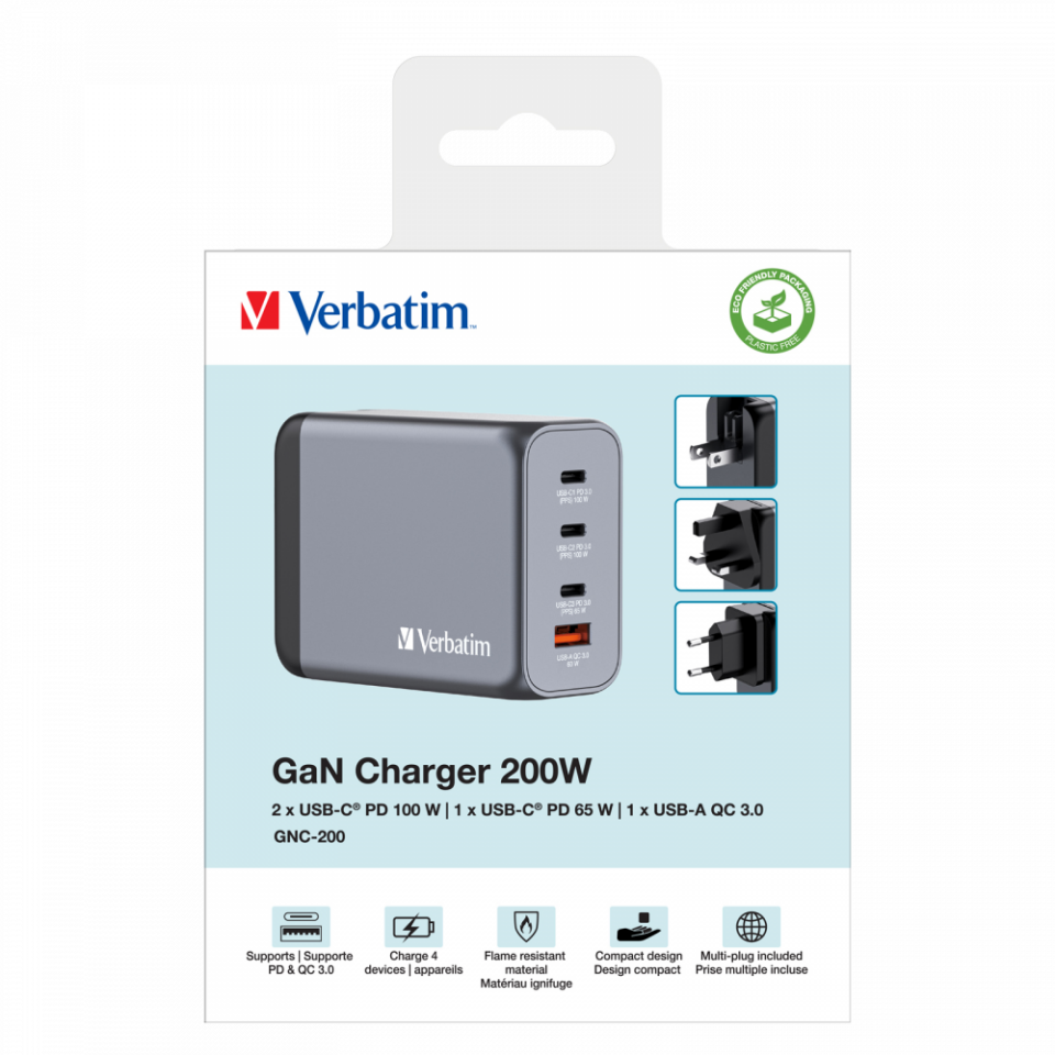 Verbatim 200W GAN Hızlı Şarj 4-Bağlantı Noktalı 2 x USB-C® PD 100W / 1 x USB-C® PD 65W / 1 x USB QC 3.0-(32204)