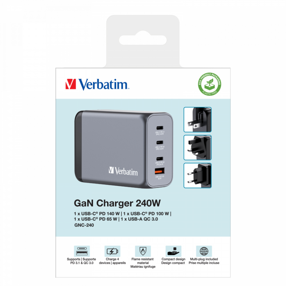 Verbatim240 W GAN Hızlı Şarj 4 Bağlantı Noktalı C 1 x Usb-C® PD 140W /1 x Usb-C® PD 100W / 1 x Usb-C® PD 65W / 1 x Usb-A QC 3.0