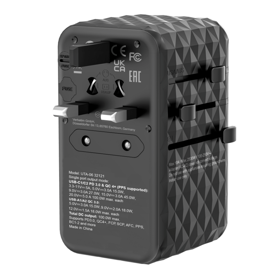 Verbatim 100W GAN 3 Evrensel Seyahat Adaptörü  2x Usb-C PD ve QC 4+ 2 x Usb-A QC 3.0-(32121)