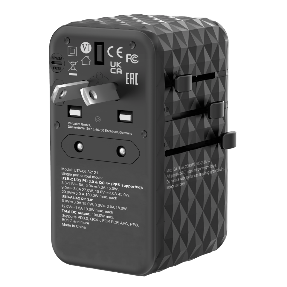 Verbatim 100W GAN 3 Evrensel Seyahat Adaptörü  2x Usb-C PD ve QC 4+ 2 x Usb-A QC 3.0-(32121)