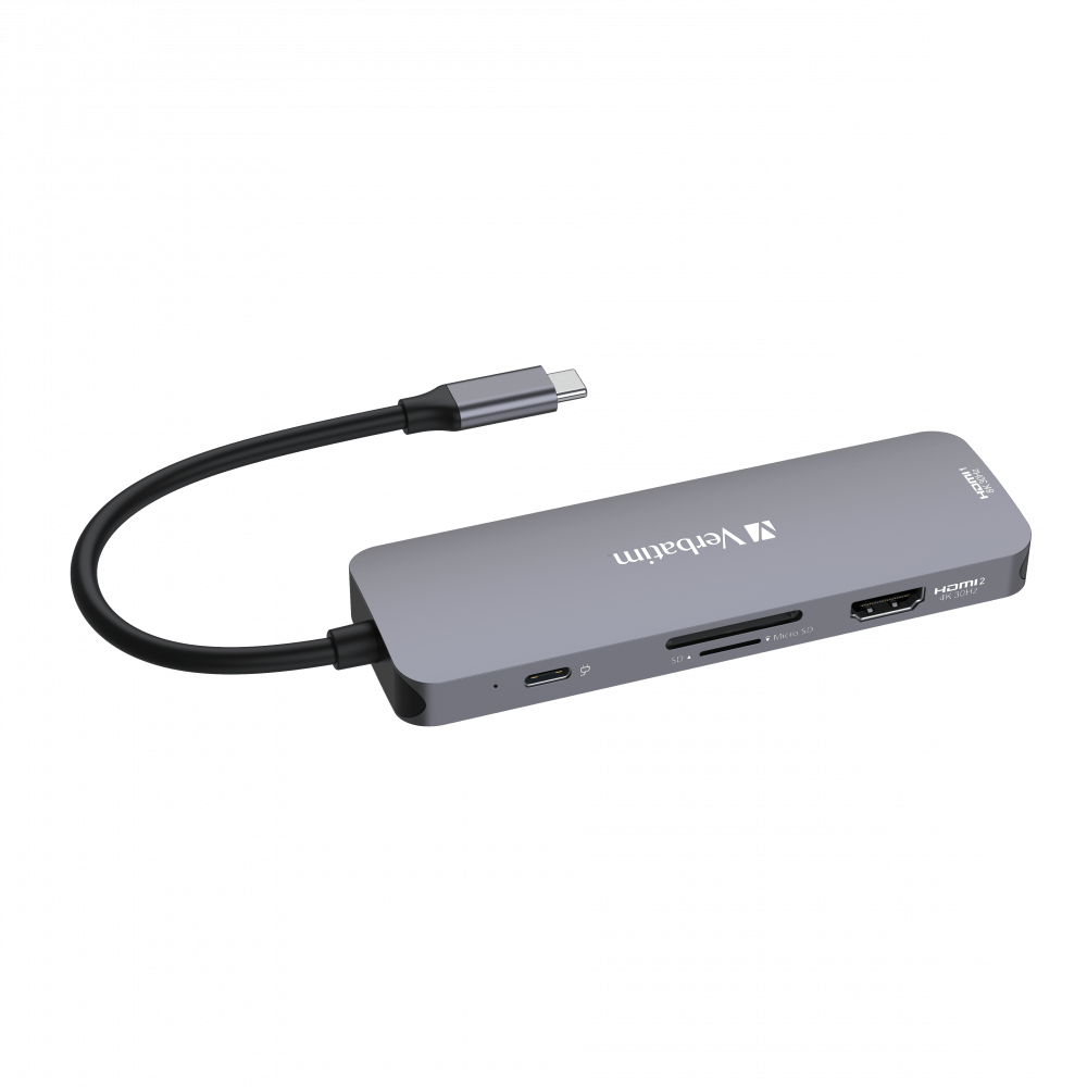 Verbatim 8 Port Usb C Bağlantılı Çoklayıcı Hub 2 x HDMI, 3x Usb-A 3.2 Gen1, 1 x SD kart yuvası, 1 x Mic-SD Kart, 1 x Usb-C-(321