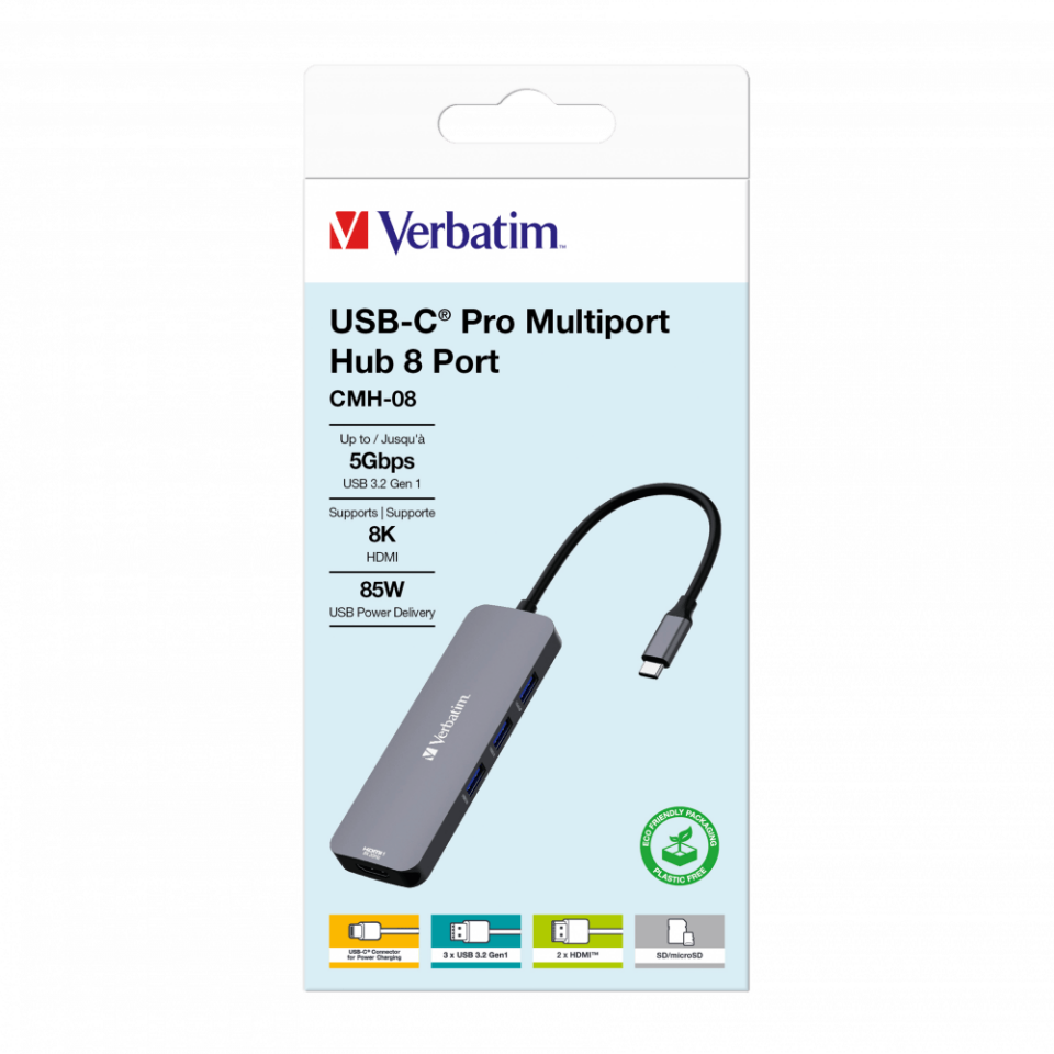 Verbatim 8 Port Usb C Bağlantılı Çoklayıcı Hub 2 x HDMI, 3x Usb-A 3.2 Gen1, 1 x SD kart yuvası, 1 x Mic-SD Kart, 1 x Usb-C-(321
