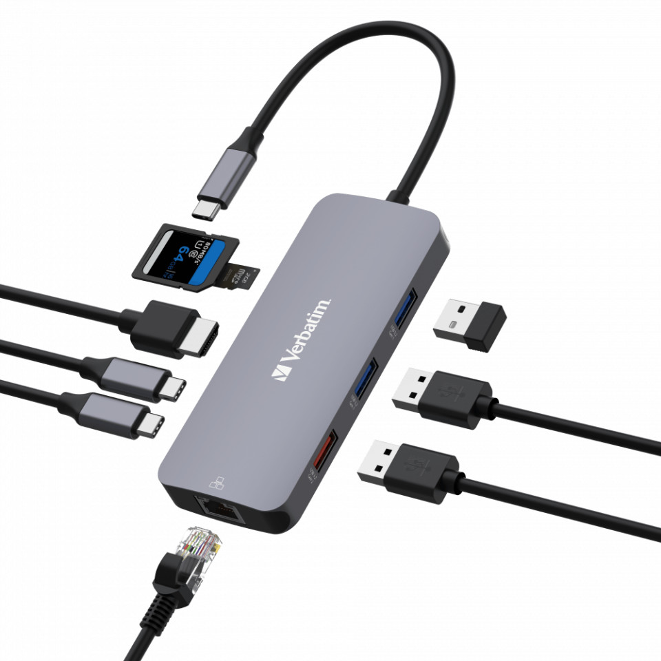 Verbatim 9 Port Usb C Bağlantılı Çoklayıcı Hub 1 x HDMI, 1 x RJ45, 2 x USB-C 3.2 Gen2, 1 x Usb-A 3.2 Gen2, 2 x USB-A 3.2 Gen1,