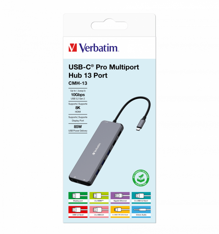 Verbatim 13 Port Usb C Bağlantılı Çoklayıcı Hub 2 x HDMI, 1 x Dis-Port, 1 x RJ45, 3 x Usb-A 3.2 Gen 1, 1 x Usb-A 3.2 Gen 2, 2 x