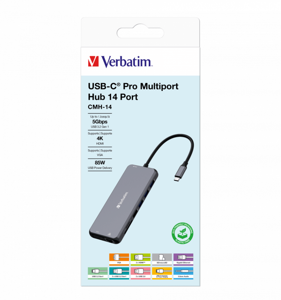 Verbatim 14 Port Usb C Bağlantılı Çoklayıcı Hub 2 x HDMI, 1 x VGA, 1 x RJ45, 3 x Usb-A 3.2 Gen1, 1 x Usb-C 3.2 Gen1, 2 x Usb-A