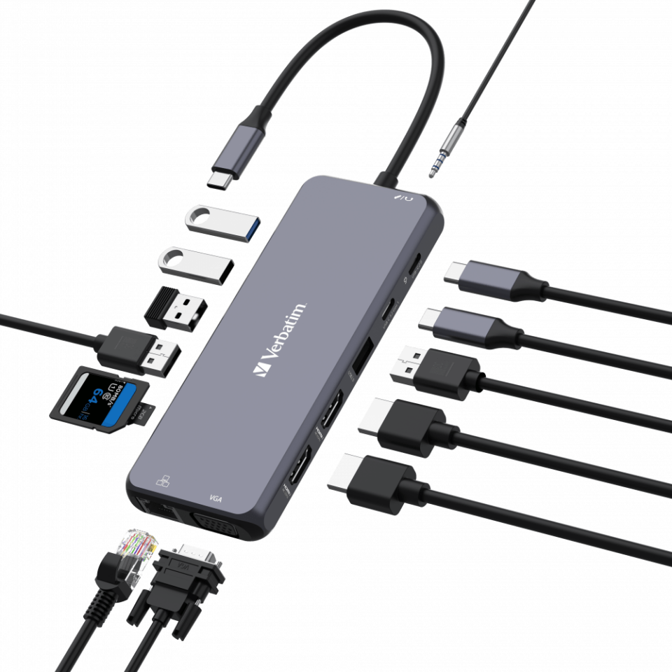 Verbatim 14 Port Usb C Bağlantılı Çoklayıcı Hub 2 x HDMI, 1 x VGA, 1 x RJ45, 3 x Usb-A 3.2 Gen1, 1 x Usb-C 3.2 Gen1, 2 x Usb-A