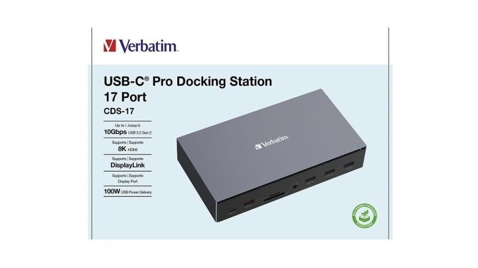 Verbatim 17 Port USB-C Bağlantılı Çoklayıcı Dock  1 x 8K HDMI, 2 x 4K HDMI, 2 x Dis-Port, 1 x RJ45, 1 x Usb-A 3.2 Gen2, 2 x Usb