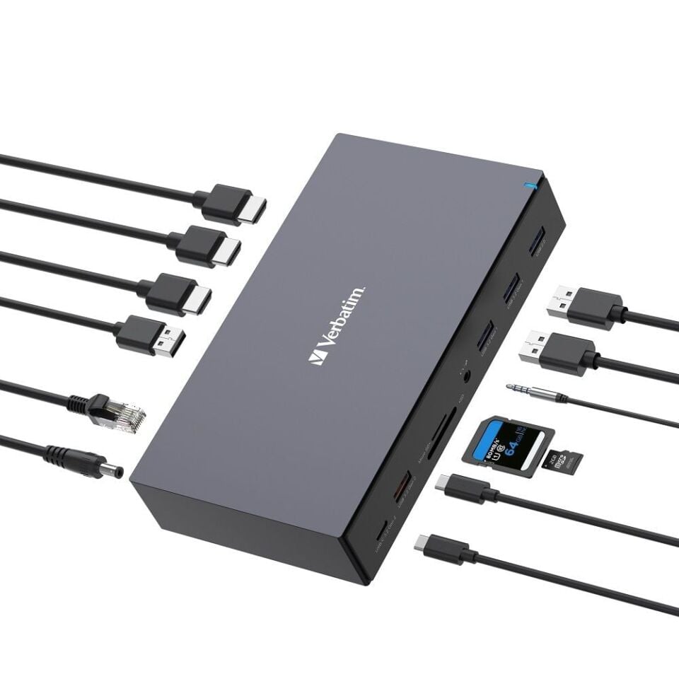 Verbatim 17 Port USB-C Bağlantılı Çoklayıcı Dock  1 x 8K HDMI, 2 x 4K HDMI, 2 x Dis-Port, 1 x RJ45, 1 x Usb-A 3.2 Gen2, 2 x Usb