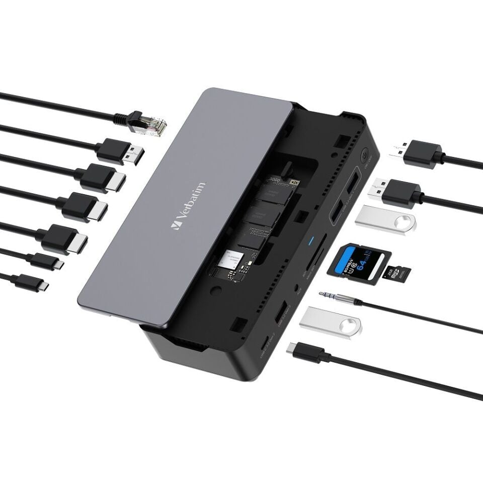 Verbatim 15 Port USB-C Bağlantılı Çoklayıcı SSD Yuvalı Dock  1 x 8K HDMI, 2 x 4K HDMI, 2 x Dis-Port, 1 x RJ45, 1 x Usb-A 3.2 Ge