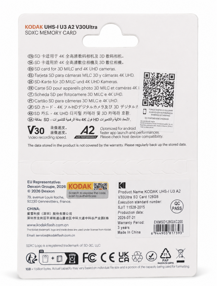 Kodak 128GB UHS-I U3 A2 V30Ultra SD Hafıza Kartı