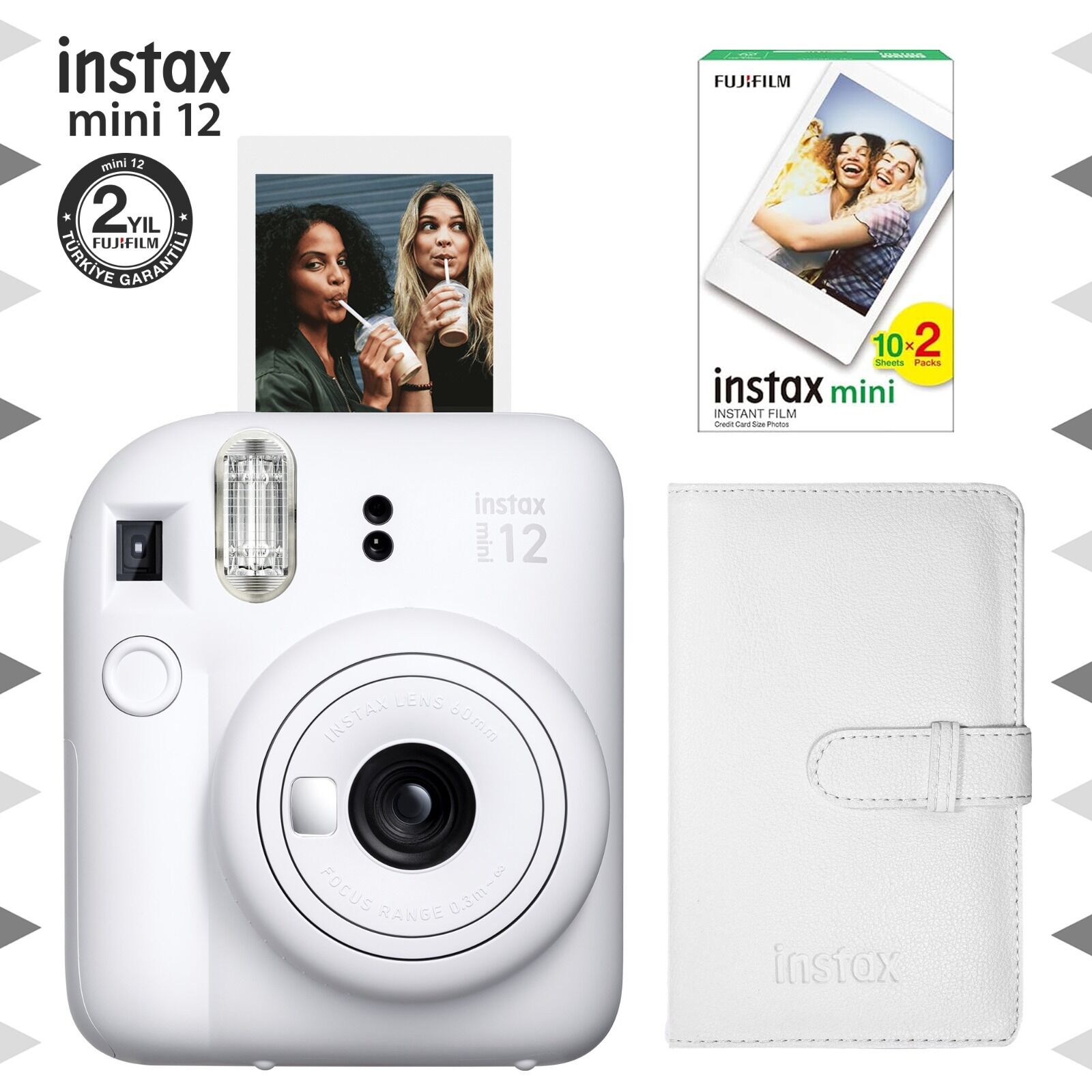 Instax Mini 12 Fotoğraf Makinesi Beyaz + 20'li Film ve Laporta Albüm