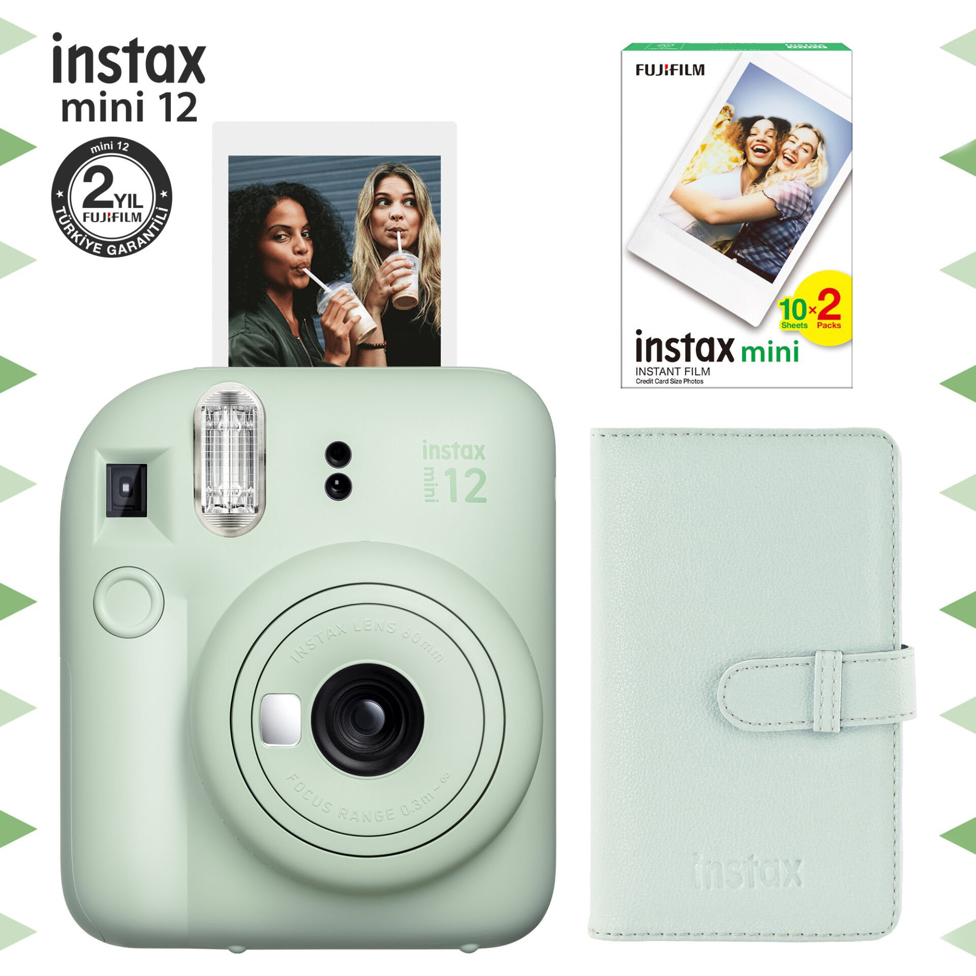 Instax Mini 12 Fotoğraf Makinesi Yeşil + 20'li Film ve Laporta Albüm