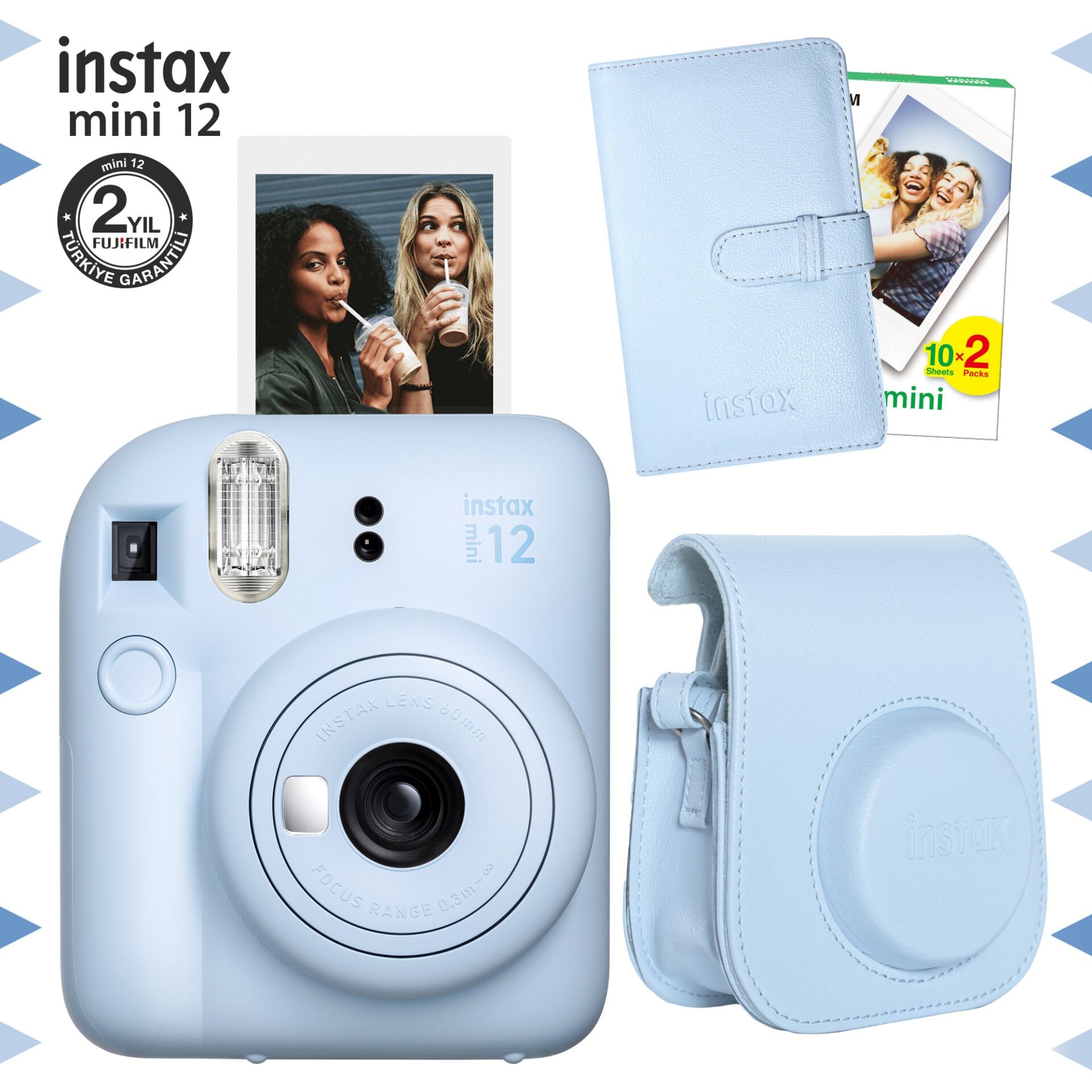 Instax Mini 12 Fotoğraf Makinesi Mavi + 20'li Film + Çanta ve Laporta Albüm