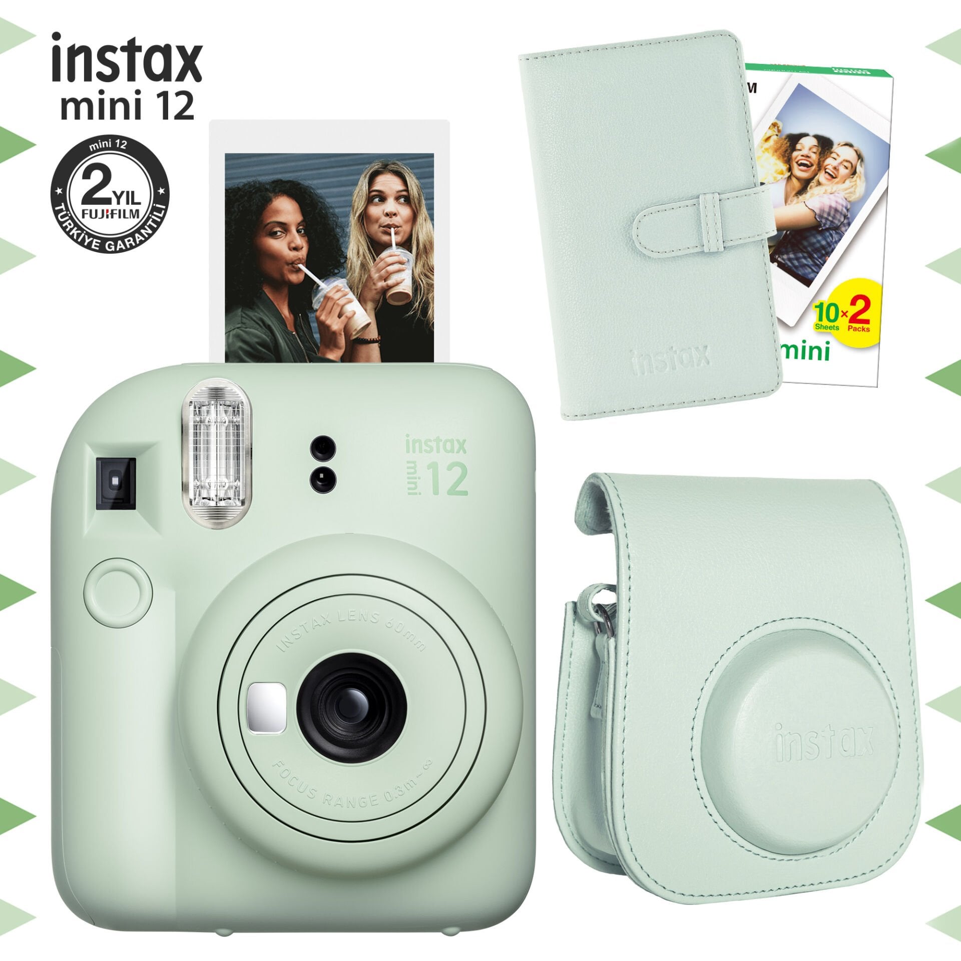 Instax Mini 12 Fotoğraf Makinesi Yeşil + 20'li Film + Çanta ve Laporta Albüm