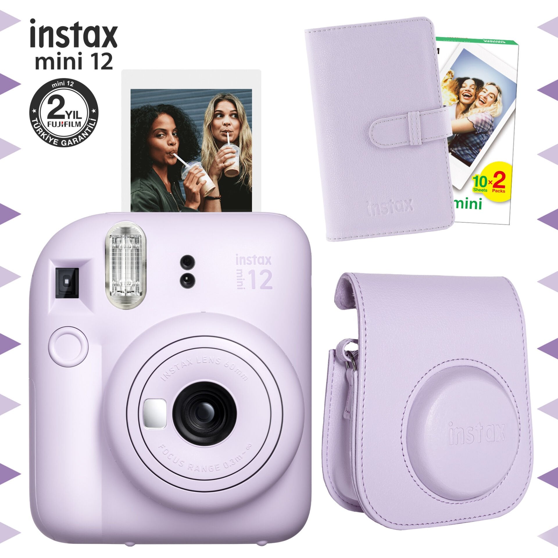 Instax Mini 12 Fotoğraf Makinesi Lila + 20'li Film + Çanta ve Laporta Albüm