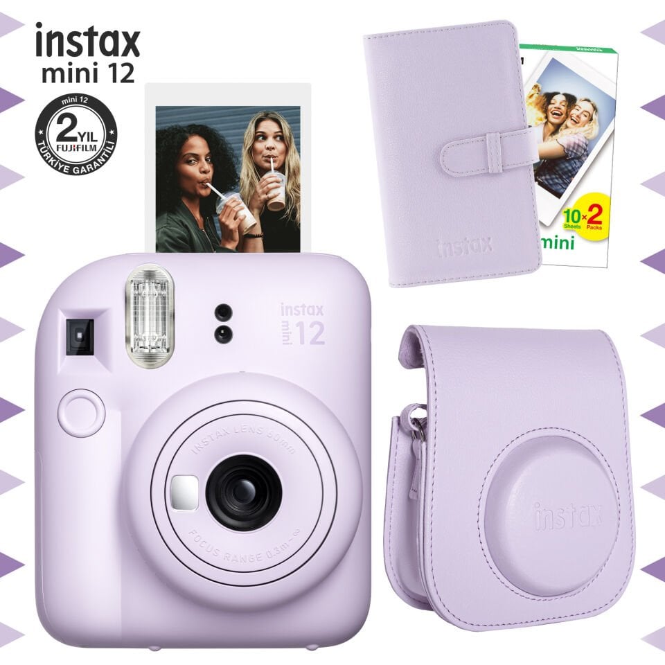 Instax Mini 12 Fotoğraf Makinesi Lila + 20'li Film + Çanta ve Laporta Albüm
