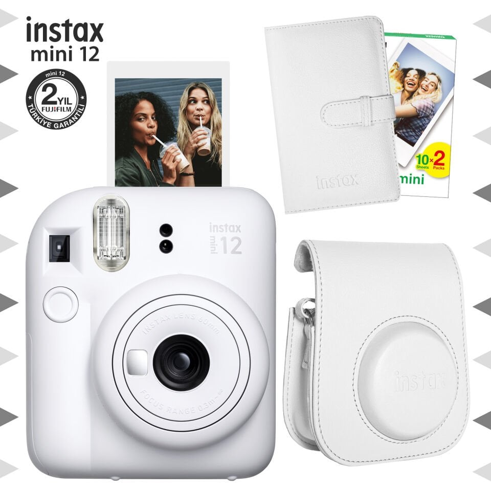 Instax Mini 12 Fotoğraf Makinesi Beyaz + 20'li Film + Çanta ve Laporta Albüm