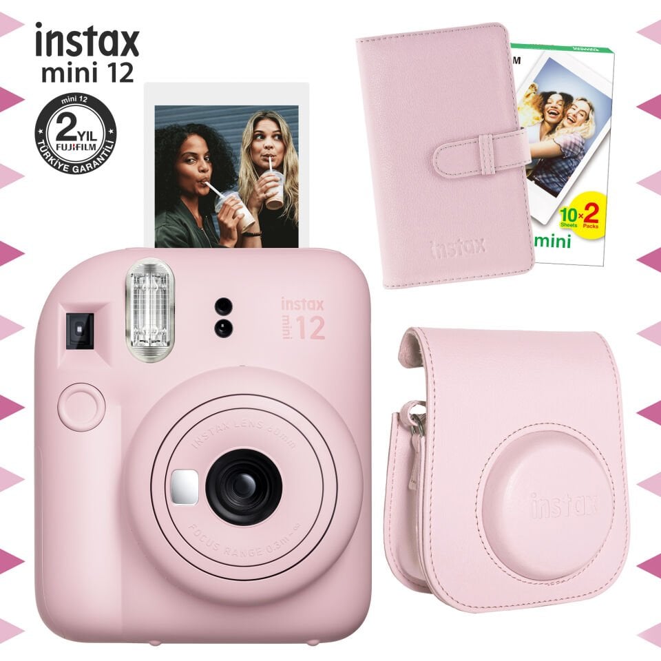 Instax Mini 12 Fotoğraf Makinesi Pembe + 20'li Film + Çanta ve Laporta Albüm