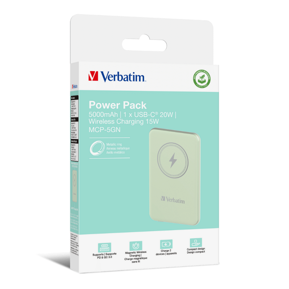 Verbatim 5000 Mah Manyetik Kablosuz (Magsafe) 15W Powerbank 20W PD Yeşil Renk Kablo Dahil-(32241)