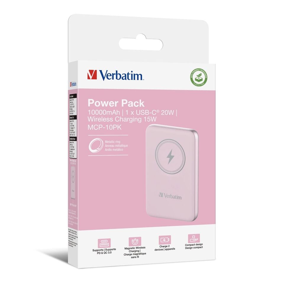 Verbatim 10000 Mah Manyetik Kablosuz (Magsafe)15W  Powerbank 20 W PD Pembe Renk Kablo Dahil-(32248)