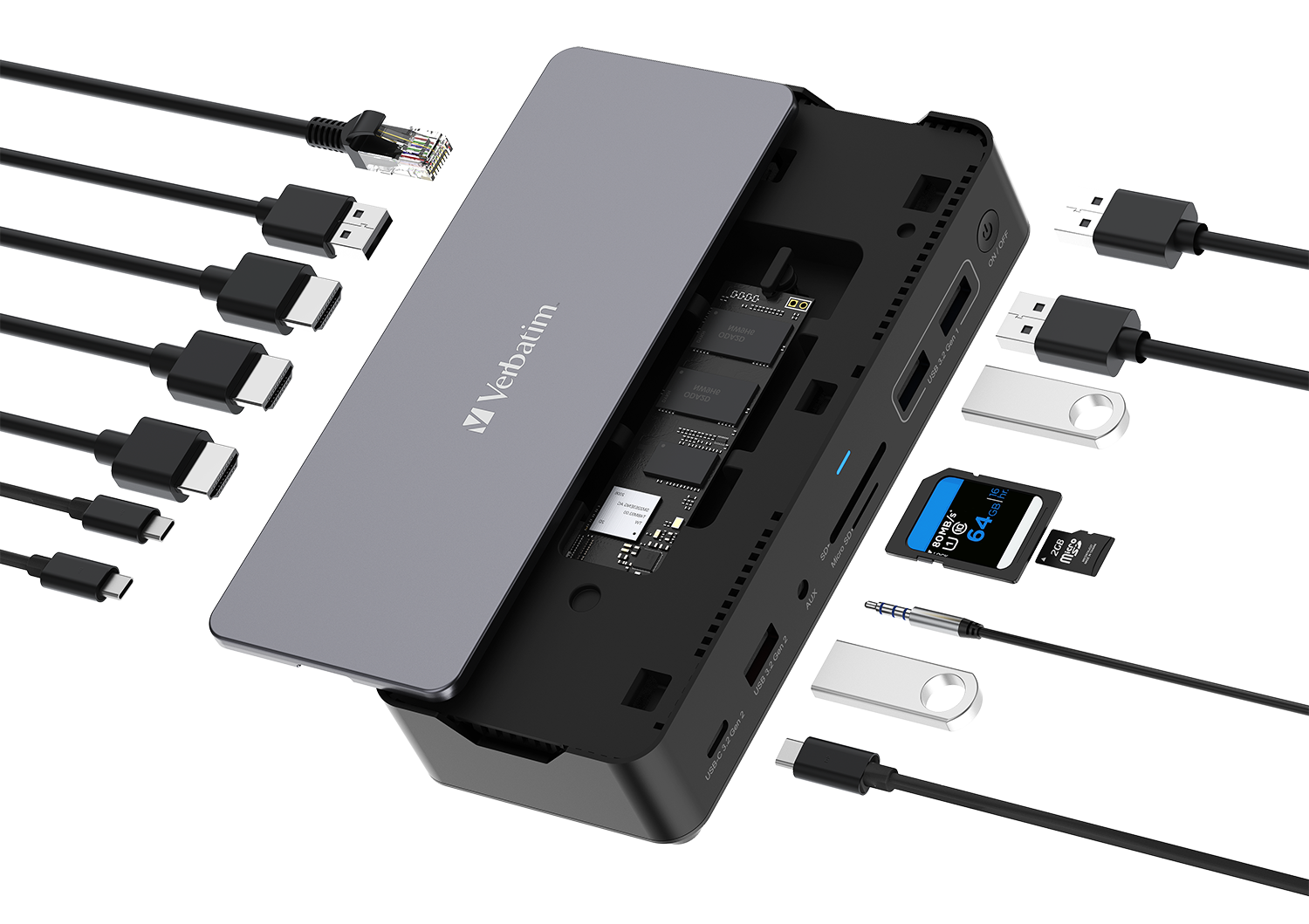 Verbatim 15 Port USB-C Bağlantılı Çoklayıcı SSD Yuvalı Dock  2 x HDMI, 1 x D Port, 1 x RJ45, 1 x Usb-A 3.2 Gen2, 2 x Usb-A 3.2
