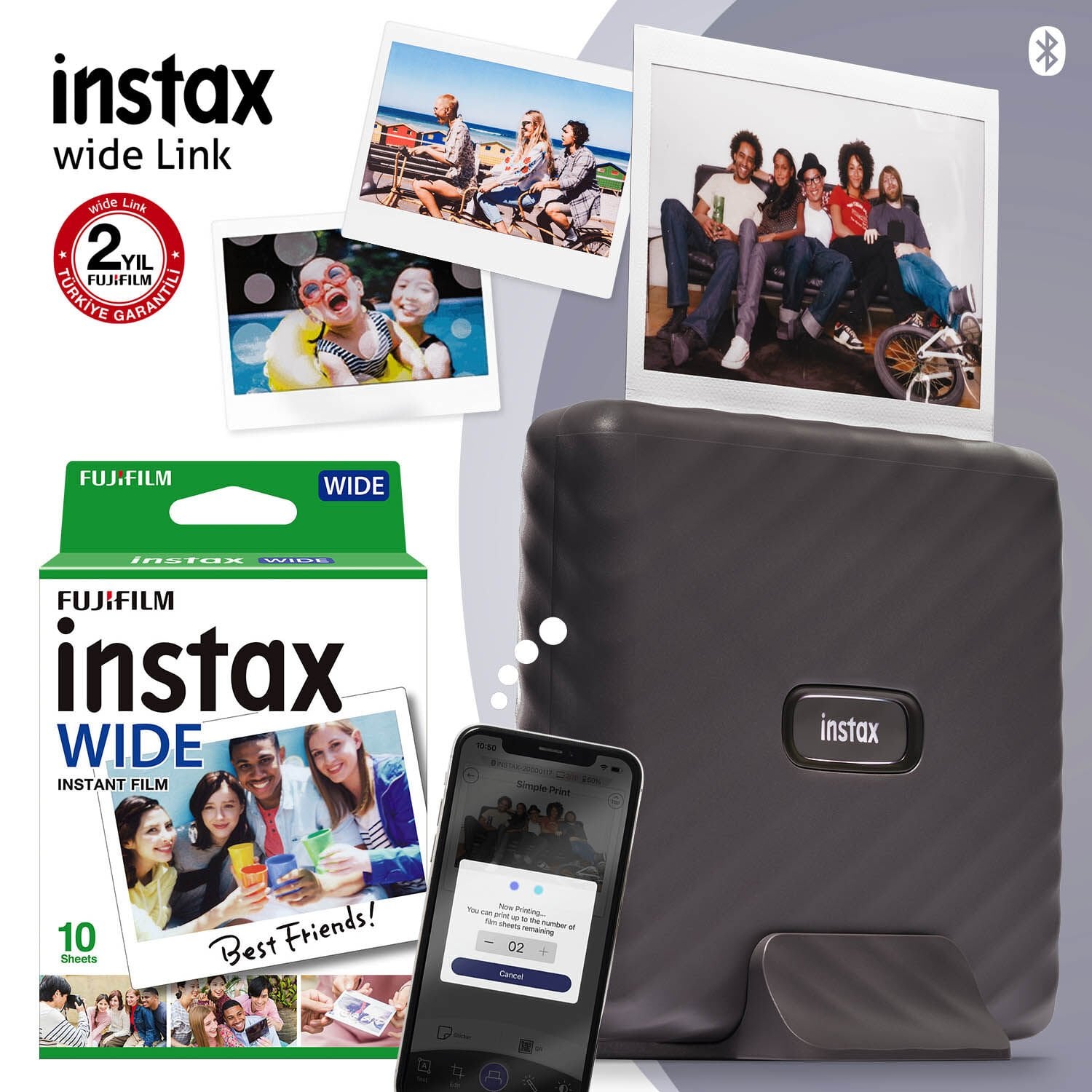 Instax Wide Link Akıllı Telefon Yazıcısı Gri ve 10'lu Film