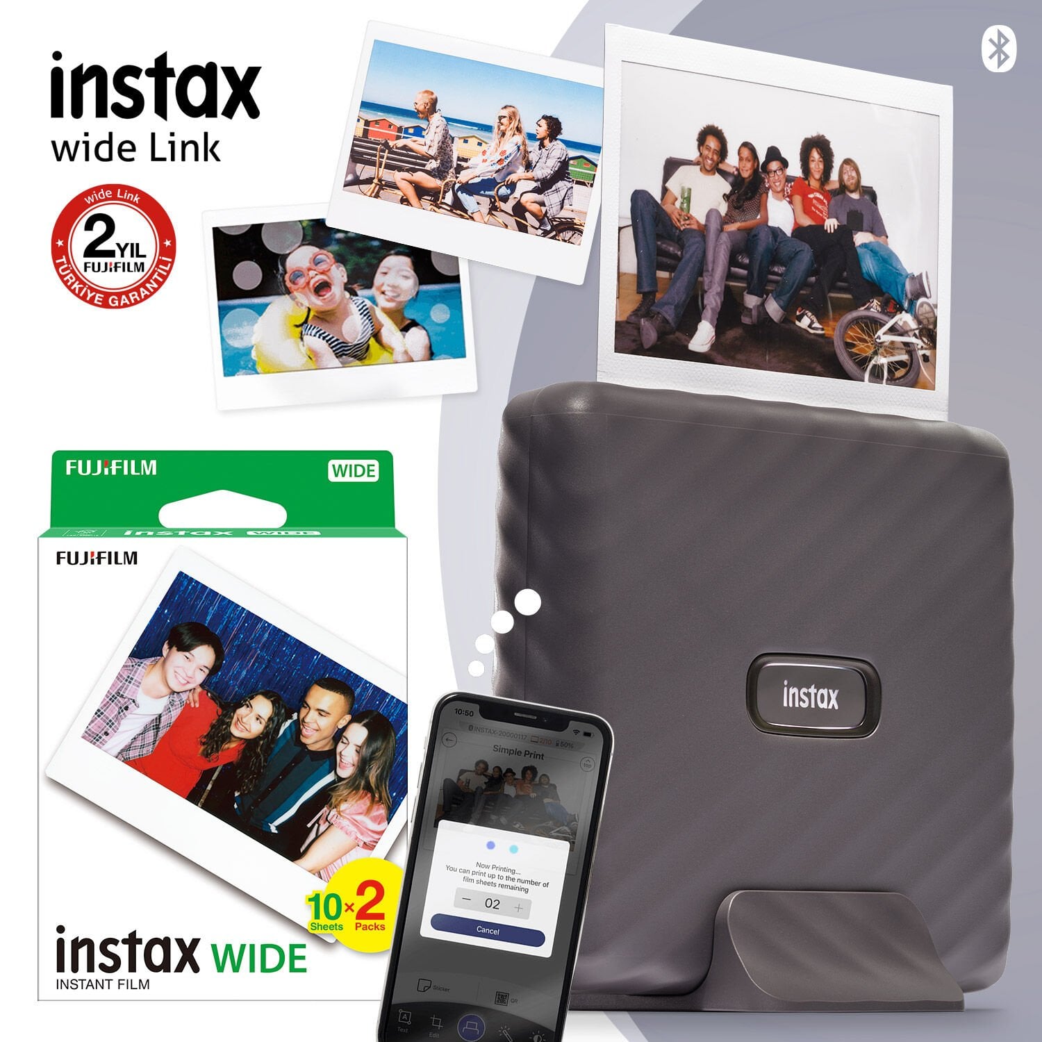 Instax Wide Link Akıllı Telefon Yazıcısı Gri ve 20'li Film