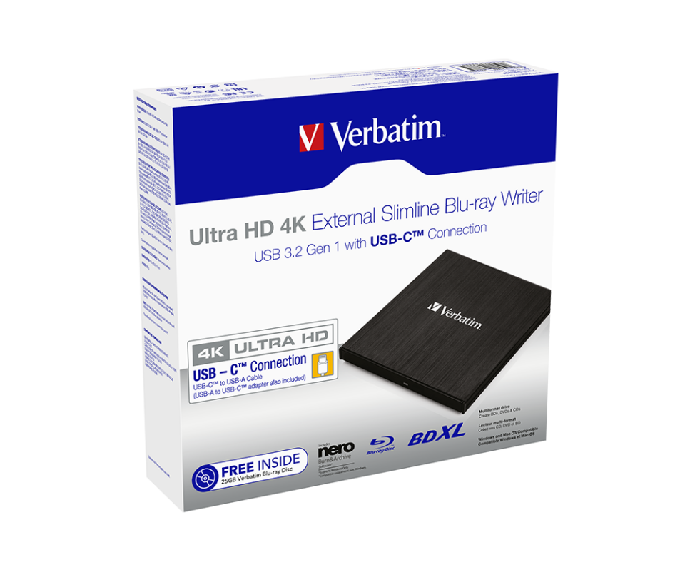 Verbatim 43888 - Ultra Hd 4K External Slimline Blu-Ray Writer Usb 3.2 Gen 1/Usb-C