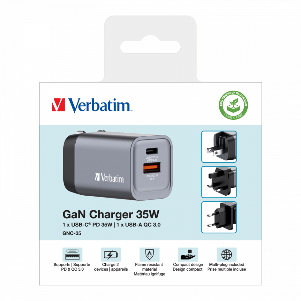 Verbatim 35W GAN Hızlı Şarj 2-Bağlantı Noktalı 1 x Usb-C® PD 35W / 1 x Usb-A QC 3.0-(32200)
